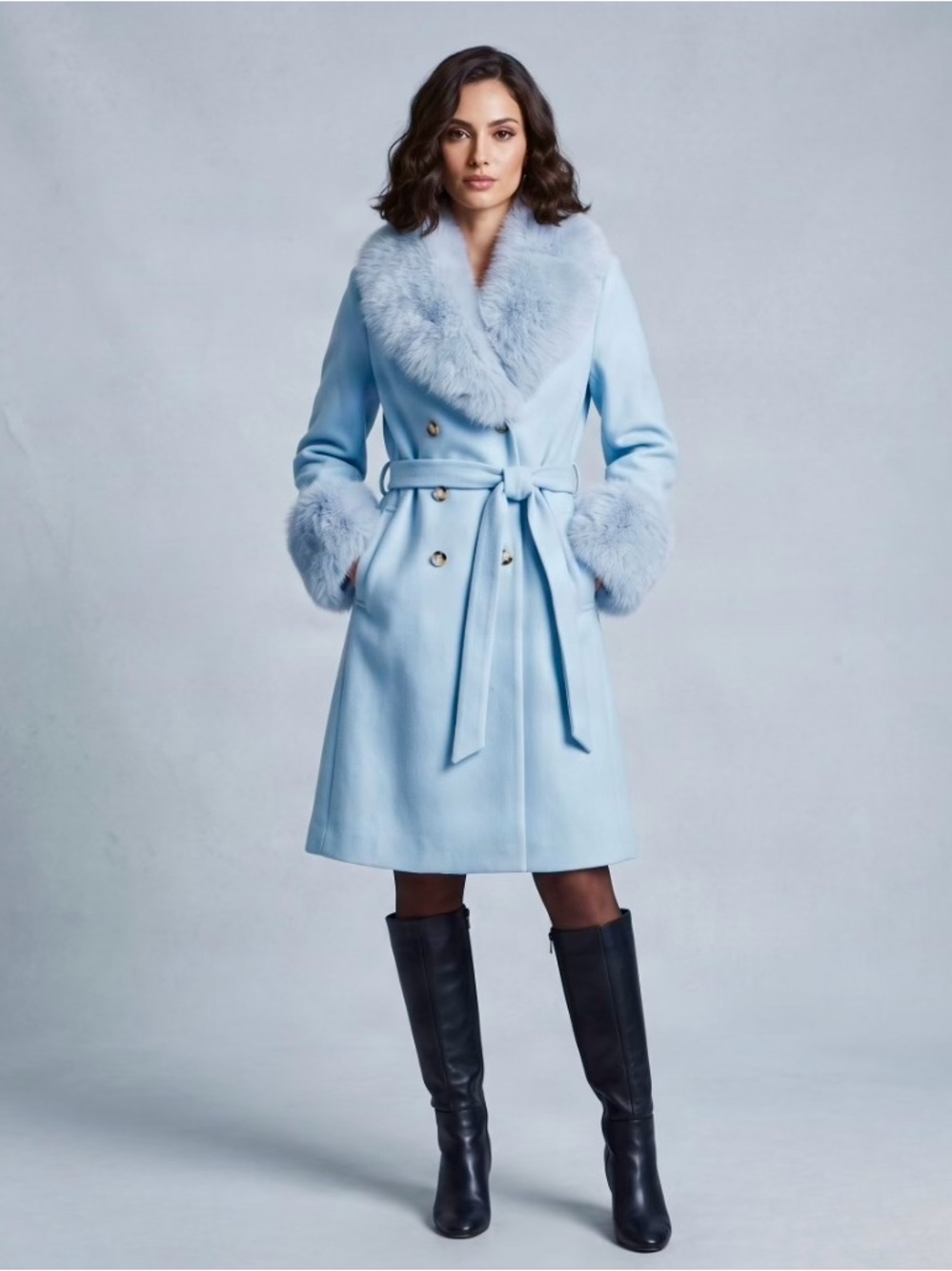 🎀🌷 Light Blue Faux Fur Collar & Cuffs Wool Feel Belted Coat 🌷🎀 NWT